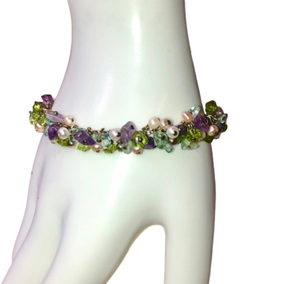 STERLING SILVER Cha Cha Gem Bracelet w/ Heart Charm Peridot Topaz Amethyst Pearl - Picture 12 of 12